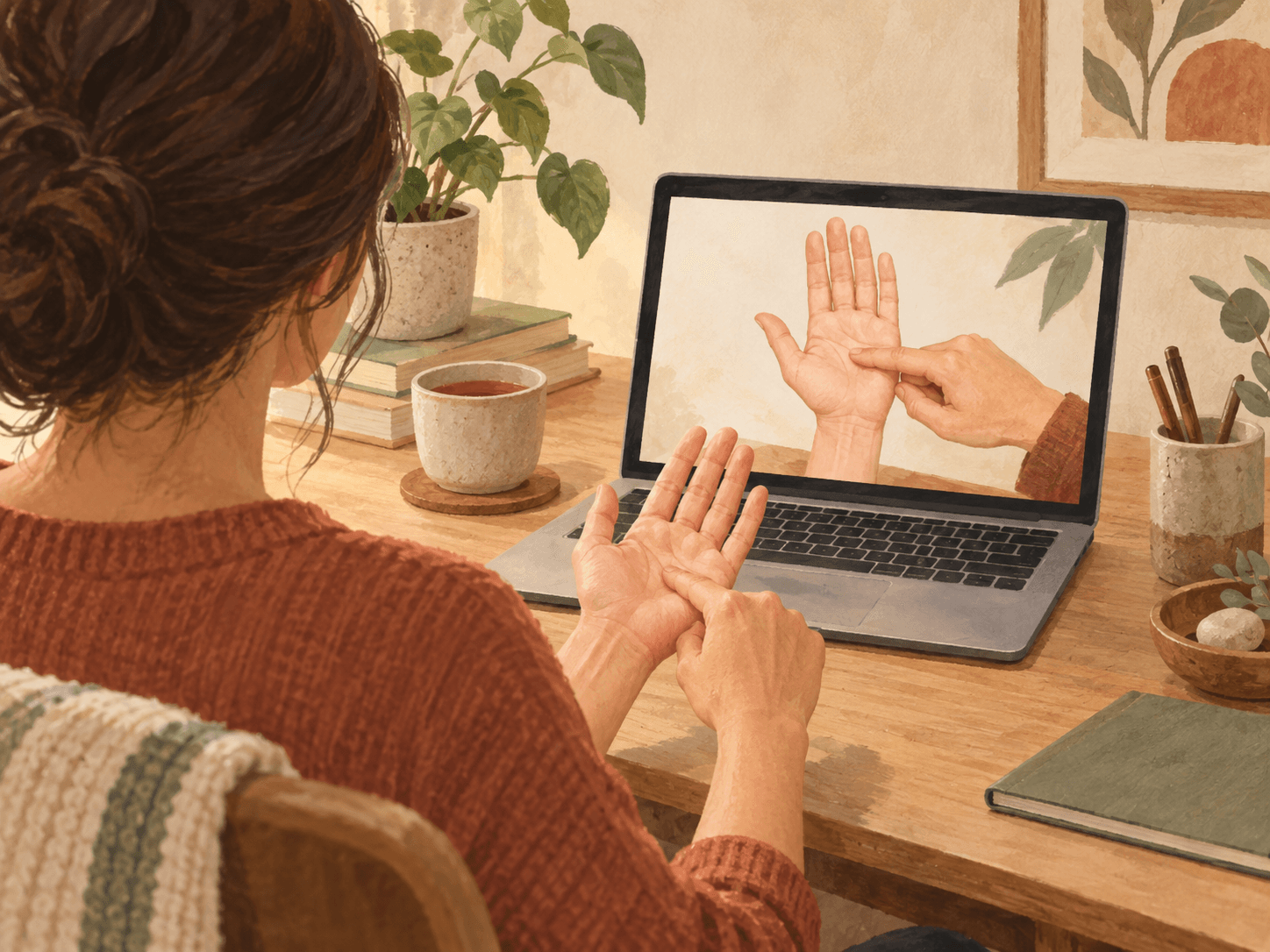 Illustration of a learner practising Sujok while following an online demonstration