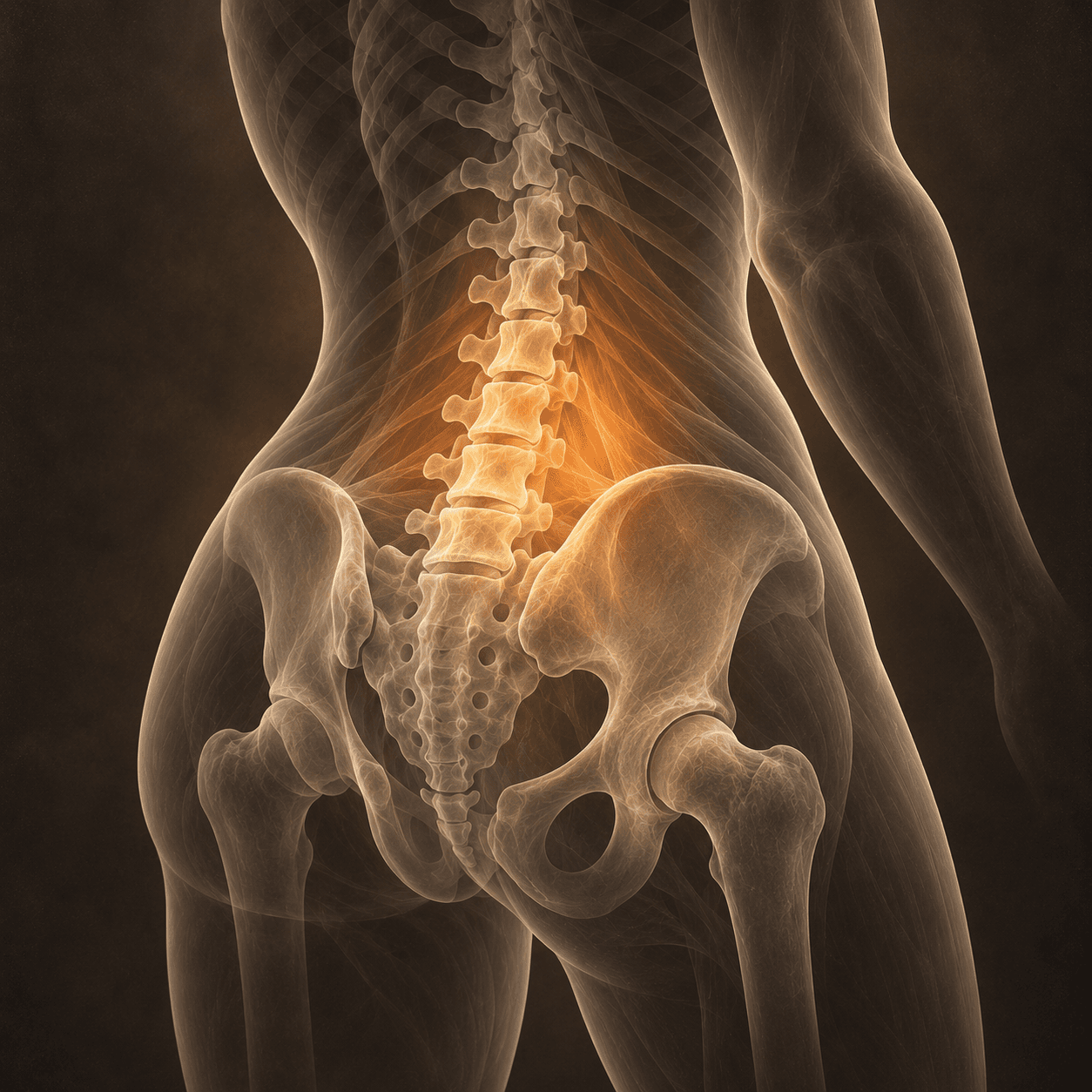 AI-generated X-ray-style conceptual illustration of back pain