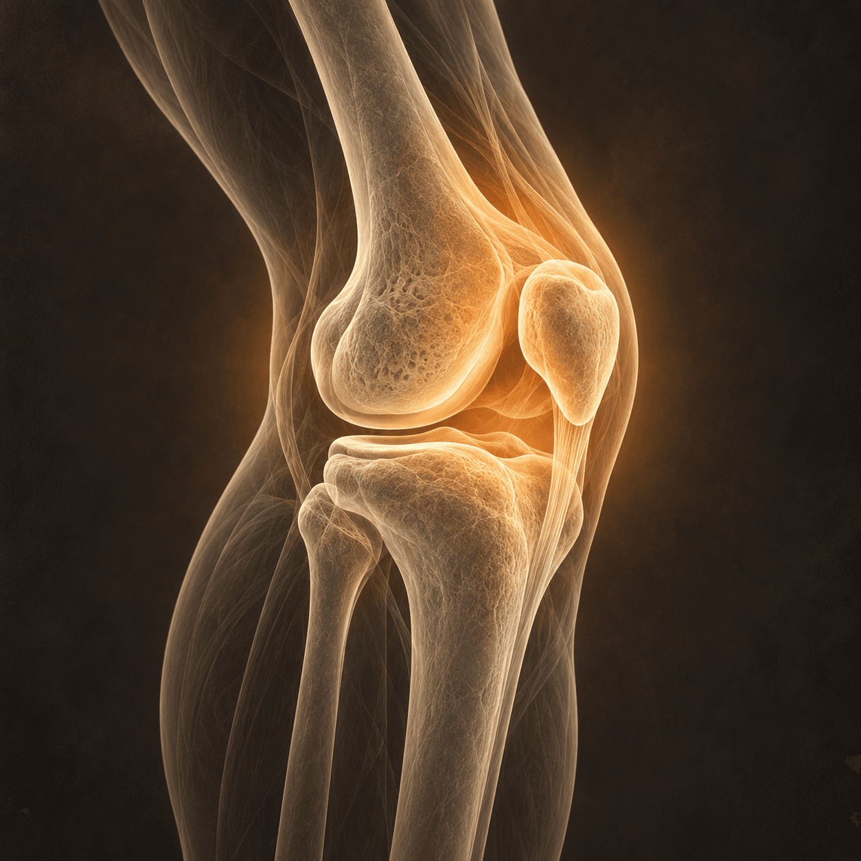 AI-generated X-ray-style conceptual illustration of knee pain