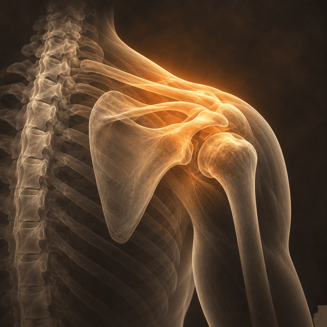 AI-generated X-ray-style conceptual illustration of shoulder pain