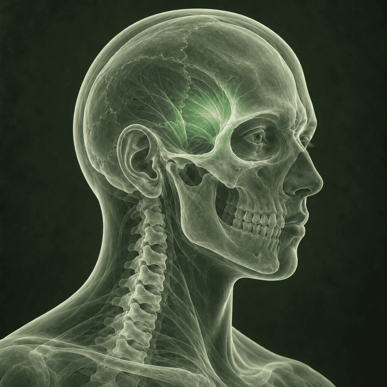 AI-generated X-ray-style conceptual illustration of headache